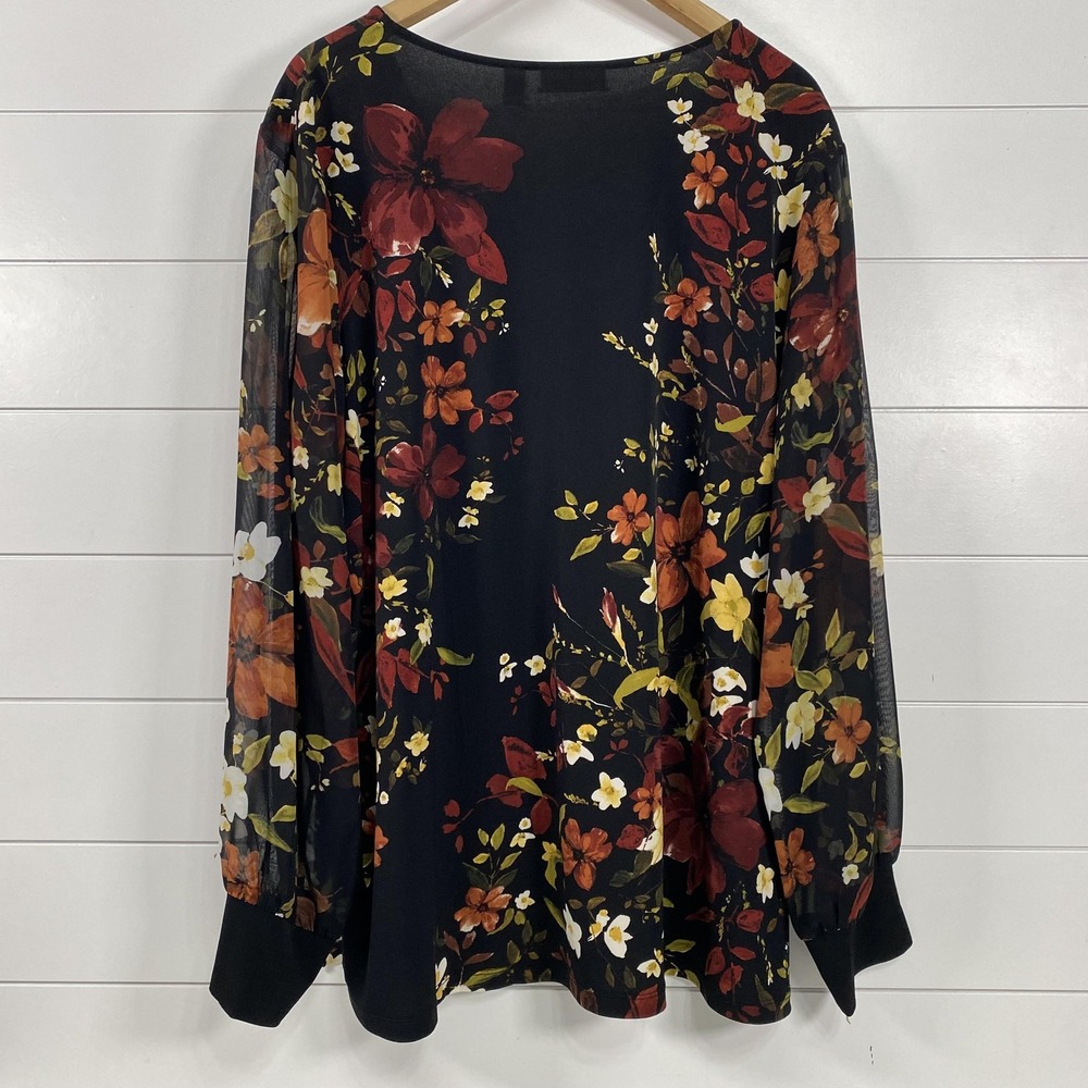 Susan Graver Blouse Womens 2X Floral LongSleeve Sheer Cuff Rhinestone Top Travel - Picture 5 of 12